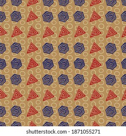 Las formas geométricas espirales de círculo triángulo cuadrado patrón sin fisuras. Textura moderna y elegante. Ilustración vectorial. Perfecto para la moda, la decoración, el diseño textil, el fondo y la ilustración