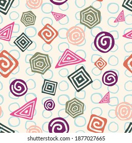 Geometric shapes spiral circle square triangle seamless pattern. Modern stylish texture. Vector illustration. Perfect for fashion, decoration, textile design, background and illustration