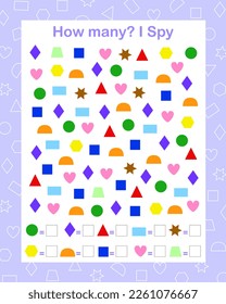 Geometric shapes I spy, How many counting educational game for kids with colorful objects vector illustration, educational puzzle, printable worksheet, leisure or study activity, teachers resources