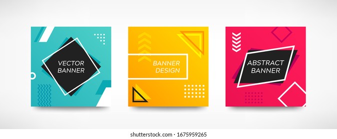 Geometric shapes square banner set. Abstract modern color background collection. Minimal elements design. For web, cover, flyer, header, page, brochure, social media. Vector illustration