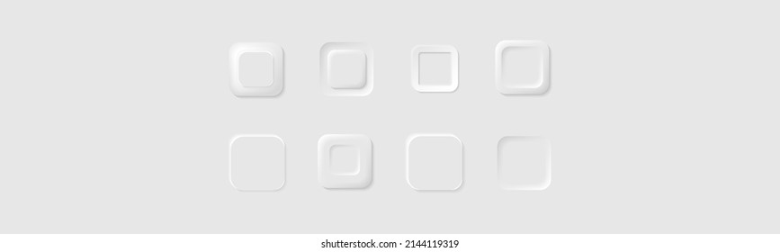 Geometric shapes square white background with light shadows. Web elements geometry modern neumorphism trend design. 3D minimalism vector buttons neumorphic design.