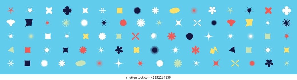 Geometric shapes, star symbols, flower design in Y2K retro style. Abstract graphic stickers and figures, icons. Flat vector illustrations isolated background.