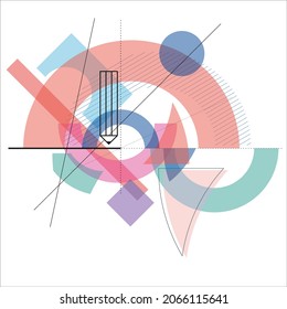 Geometric shapes, suited for Web design, flat design, minimalism, abstract composition, multicolored. Back to school, composition with pencil. Vector Illustration