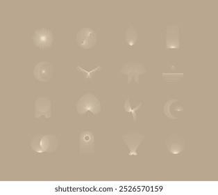 Geometric shapes and symbols with thin lines in abstract style drawing on coffee background
