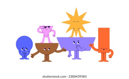 Geometric shapes team with star leader. Geometry figures, kids characters with different roles in teamwork. Psychology concept. Childish flat graphic vector illustration isolated on white background