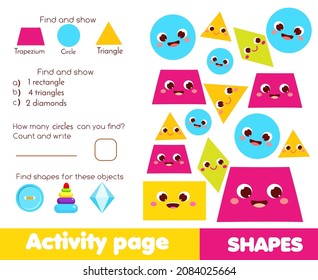 Geometric Shapes Theme Activity Page For Kids. Educational Children Game List For Learning Forms