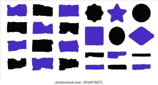 Geometric shapes with torn edge. Set of vector icons. Black and blue torn strips, rectangles and geometric shapes