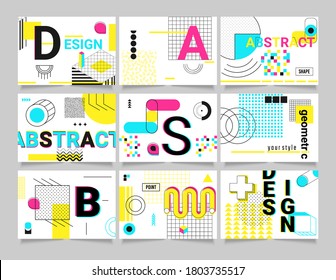 Geometric shapes. Trend Neo Memphis geometric poster cards with bright bold blocks of color zig zags, squiggles, erratic images. Minimal cover art chaotic retro pop. Magazine, leaflet, billboard