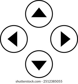 Geometrische Formen mit Dreieckssymbolen in Kreisen, einfaches Schwarz-Weiß-Design, direktionales Pad mit Pfeilen nach oben, unten, links und rechts.
