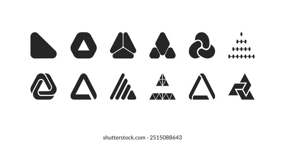 Formas geométricas e íconos de triángulos en un elegante conjunto de Vectores, que ofrece ilustraciones abstractas para proyectos de diseño moderno con un enfoque en la creatividad y la estética única.