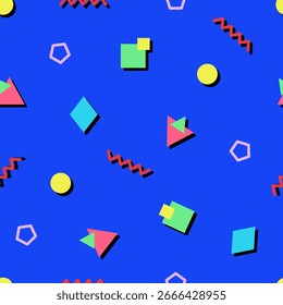 Geometric shapes of triangle, polygon, circle, square and zigzag isolated on a blue background—abstract geometric vector illustration.