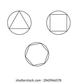 geometric shapes triangle, square, hexagon, inscribed in a circle, isolated on a white background, poster, visual aid