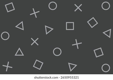 Formas geométricas, triângulos, quadrados, círculos e cruzes flutuando sobre um fundo cinza.