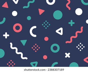 Geometric shapes of triangles and wavy lines. Cute and stylish Memphis design backgrounds.