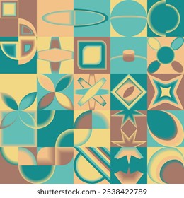 Geometric shapes in turquoise, brown, and yellow. Suitable for backgrounds, graphic design projects, prints, and modern art concepts.