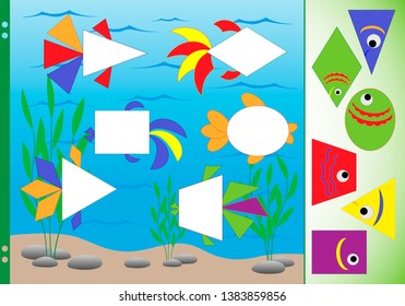 Geometric shapes in the underwater world. Educational puzzle game for kids. The task is to cut pieces of fish and stick them on the picture. Worksheet for printing. Vector illustration