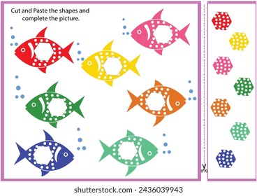 Formas geométricas en el mundo submarino. Juego de rompecabezas educativo para niños. La tarea es cortar trozos de pescado y pegarlos en la foto. Hoja de cálculo para imprimir. Ilustración de vector