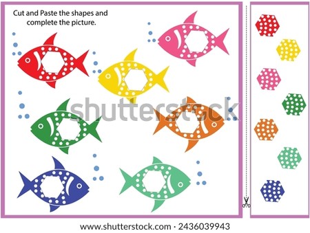 Geometric shapes in the underwater world. Educational puzzle game for kids. The task is to cut pieces of fish and stick them on the picture. Worksheet for printing. Vector illustration