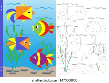 Geometric shapes in the underwater world. The task for children is to circle the objects along the dotted lines and color them. Training sheet for printing. Vector illustration for coloring book