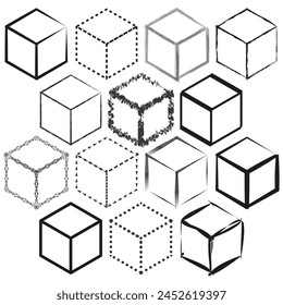Geometric shapes variety. Abstract cube outlines. Shaded and patterned blocks. Vector illustration. EPS 10.
