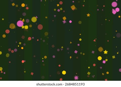 Formas geométricas en varios colores, incluyendo amarillo, rosa y rojo rociado sobre rayas verdes oscuras. Triángulo, círculo, estrella, patrón cuadrado.