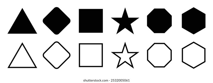Formas geométricas, varios números de iconos vectoriales de lados geométricos. Triángulo, rectángulo, elipse, polígonos, triangular, cuadrilátero, hexagonal, hexagonal y Formas octogonales.