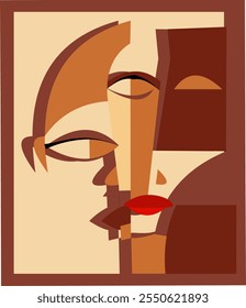 Geometric shapes in various shades of brown and beige form an abstract, stylized face. Bold red lips and closed eyes are prominent features, giving the composition a modern, cubist feel.