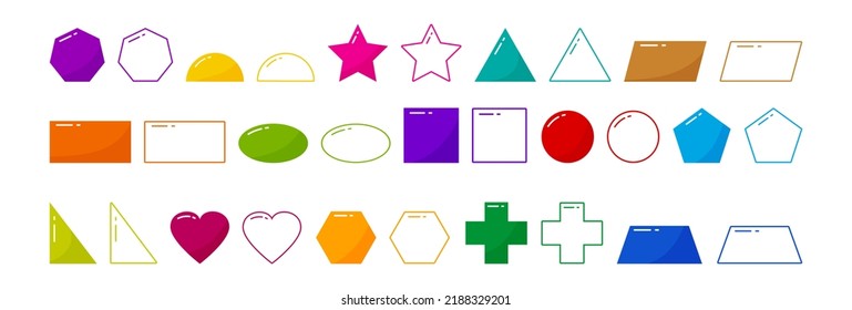 Geometric shapes  vector icon, flat and linear set for kids, education figure isolated on white background. School simple colorful illustration