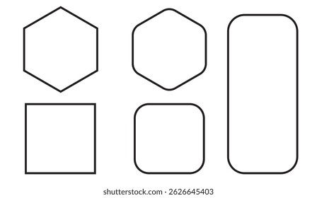 Geometric Shapes Vector Illustration: Clean Hexagon, Square, and Rounded Rectangle Outlines for Graphic Design, Branding, and Web Development Projects