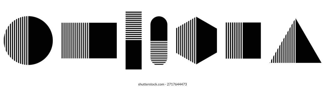 Vetor de formas geométricas. Quadrado, círculo, retângulo, triângulo. Formas geométricas listradas ao meio. Figuras básicas minimalistas da moda. Ilustração vetorial.