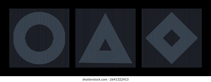 Geometric shapes with vertical line art. Circle, triangle, and diamond cutouts. geometric line art, abstract hollow shapes collection.
