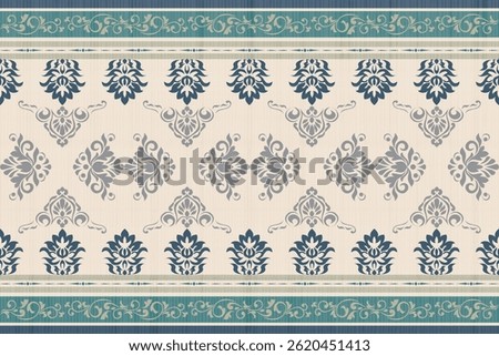 geometric shapes, vibrant colors, elegant motifs, intricate textile patterns, rich textures, visually appealing arrangement. Ikat fabric pattern, intricate damask design