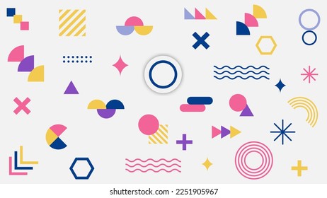 Fondo de escritorio de formas geométricas. Elemento retro para web, diseño Memphis, publicidad, vintage, banner, cartel, volante y venta sobre fondo blanco. Ilustración vectorial. EPS 10.