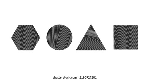 Geometric shapes with wavy linear texture, elements. Vector set