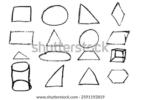 Geometric shapes with wax crayon texture. Design shapes without filling. Design of simple shapes with a wax crayon texture. Volumetric geometric shapes