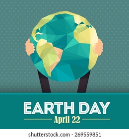 Geometric Shapes World Symbol Hold Hands Flat Vector Design, April 22 Earth Day Theme