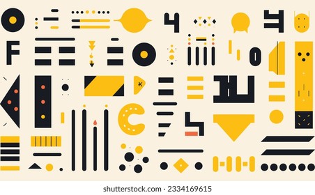 geometric shapes and yellow letters in flat style, in the style of stripes and shapes, line and dot work, minimalist figures, memphis design, zigzags, minimalist backgrounds, symbolic elements