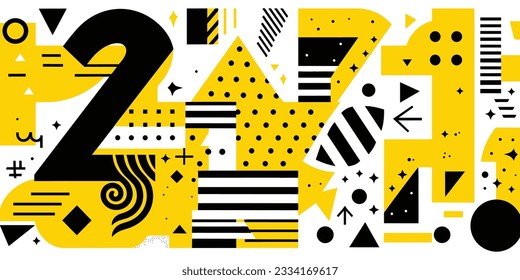 geometrische Formen und gelbe Buchstaben in flachem Stil, in Form von Streifen und Formen, Linien- und Punktarbeiten, minimalistische Figuren, Memphis-Design, Zickzack, minimalistische Hintergründe, symbolische Elemente