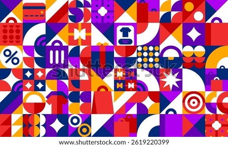 Geometric shopping and sale pattern background. Vector abstract silhouettes of discount coupon and card, shop bag, sale percentage tag, gift box and ribbon bows. Shopping geometric mosaic background