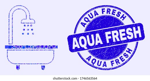 Geometric shower bath mosaic icon and Aqua Fresh seal stamp. Blue vector rounded textured seal stamp with Aqua Fresh title. Abstract collage of shower bath organized of round, tringle,
