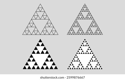 Geometric Sierpinski triangle fractal pattern with black and white variations. Ideal for mathematical designs, digital art, backgrounds, and abstract compositions