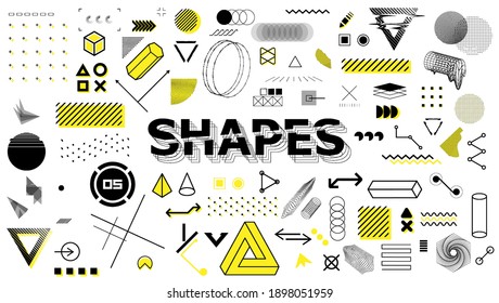 Signo geométrico, formas, elementos en estilo memphis. Elementos de diseño gráfico universal, formas de retrofuturismo de moda con un estilo mínimo. Formas geométricas y elementos abstractos de tendencia. Conjunto de vectores