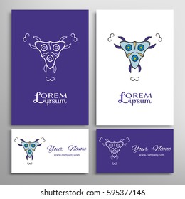 Geometric sign symbol, colorful and white line ornament. Business cards set. Decorative doodle art. Isolated design elements for logo, icon, label, emblem. Tribal ethnic decoration