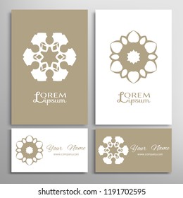 Geometric sign symbol, mandala round ornament, line pattern. Business card set. Isolated design elements for logo, icon, label, emblem. Tribal ethnic decoration, monochrome background