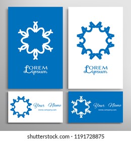 Geometric sign symbol, mandala round ornament, line pattern. Business card set. Isolated design elements for logo, icon, label, emblem. Tribal ethnic decoration, monochrome color background