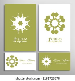 Geometric sign symbol, mandala round ornament, line pattern. Business card set. Isolated design elements for logo, icon, label, emblem. Tribal ethnic decoration, monochrome color background
