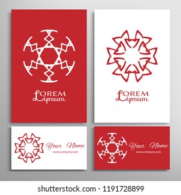 Geometric sign symbol, mandala round ornament, line pattern. Business card set. Isolated design elements for logo, icon, label, emblem. Tribal ethnic decoration, monochrome color background