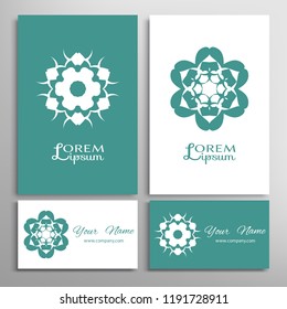 Geometric sign symbol, mandala round ornament, line pattern. Business card set. Isolated design elements for logo, icon, label, emblem. Tribal ethnic decoration, monochrome color background