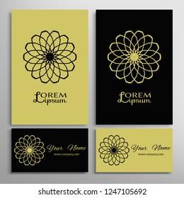 Geometric sign symbol, mandala round ornament, line pattern. Business card set. Isolated design elements for logo, icon, label, emblem. Tribal ethnic decoration, monochrome color background