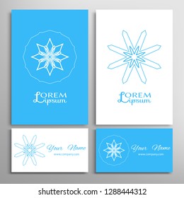Geometric sign symbol, mandala round ornament, line pattern. Business card set. Isolated design elements for logo, icon, label, emblem. Tribal ethnic decoration, monochrome color background